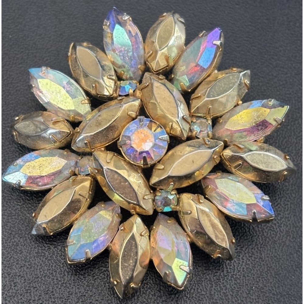 Vtg Rhinestone Aurora Borealis Brooch Glam Regency Costume Jewel Pin Iridescent